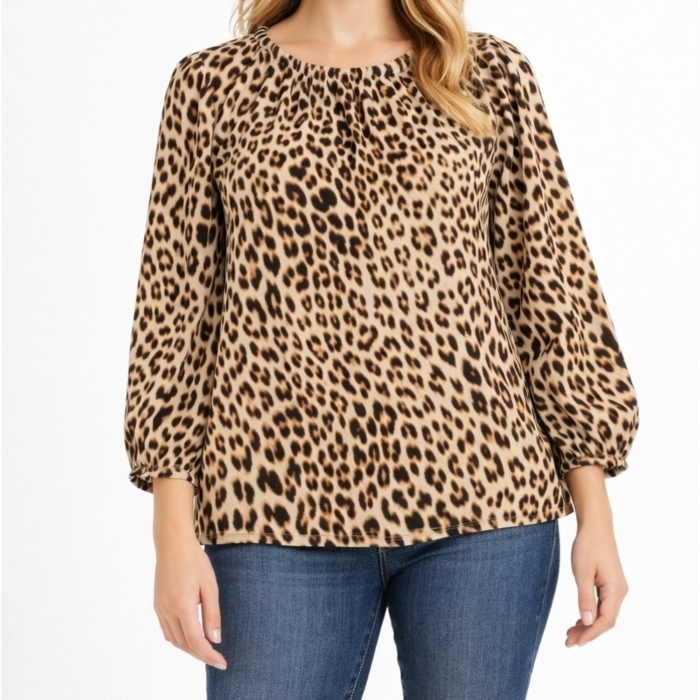 Worthington Blouse Womens XL Brown Leopard Print 3/4 Puff Sleeve Keyhole Back
